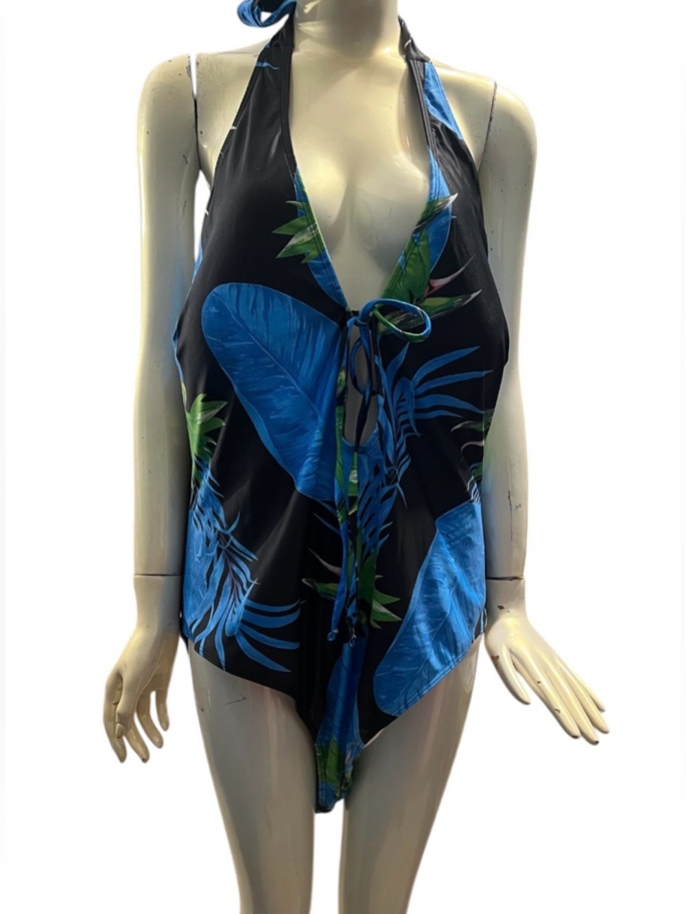 SHEIN Blue and Black Tropical Print One Piece Swimsuit and Coverup